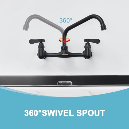 Wall Mount Commercial Sink Kitchen Faucet 8 Inch Adjustable Center | 8 Inch 360 Swivel Spout, Lead-free Brass, For Restaurant Laundry Utility Room, Easy to Install, CUPC NSF Certified - color: Brushed, size: 8 Inch Spout
