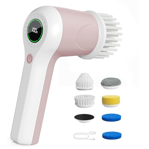 PUFTEM Electric Spin Scrubber, Cordless Shower Scrubber, Pink | Battery Level Display, Dual Speed, 6 Replaceable Brush Heads, IPX7 Waterproof, Long Runtime, Tub, Tile & Sink Cleaning - color: Pink