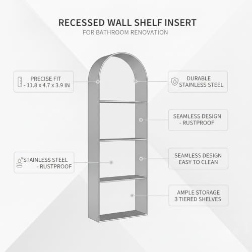 Recessed Shower Niche Stainless Steel, 11.8 x 4.7 x 3.9 Inch Arched Wall Shelf for Bathroom Storage, Rust-Resistant Built-in Insert (1 Pack) - color: Gold