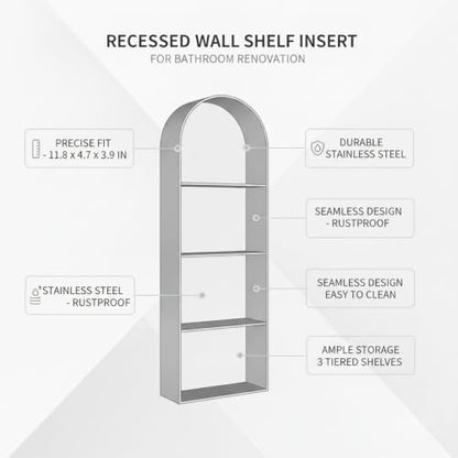 Recessed Shower Niche Stainless Steel, 11.8 x 4.7 x 3.9 Inch Arched Wall Shelf for Bathroom Storage, Rust-Resistant Built-in Insert (1 Pack) - color: Gold