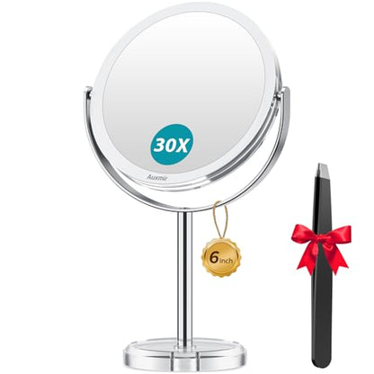 Auxmir 1X/30X Double-Sided Makeup Mirror, 6.7" Magnifying Mirror | 360°rotation, tweezers, vanity desk table stand travel, stainless steel and ABS construction, 30X magnification - color: 1x/30x-6 Inch