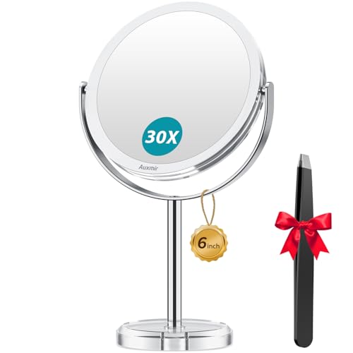 Auxmir 1X/30X Double-Sided Makeup Mirror, 6.7" Magnifying Mirror | 360°rotation, tweezers, vanity desk table stand travel, stainless steel and ABS construction, 30X magnification - color: 1x/30x-6 Inch