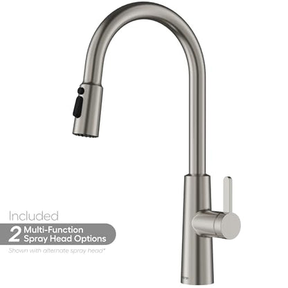 Karran Elmsworth Spot-Free Stainless Steel Commercial Style Pull-Down Kitchen Faucet with Dual Interchangeable Spray Heads, 5-Function Revolve MAX & 3-Function Revolve Mini Aerator, High-Arc Spout - color: Spot Free Stainless Steel