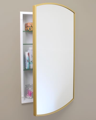 16x26 Harper Crescent Metal Framed Rectangle Recessed Bathroom Medicine Cabinet, Arced Mirror, 14x24 in-Wall Opening, Adjustable Glass Shelves, Magnet Close, Gold - color: Gold, size: 16x26