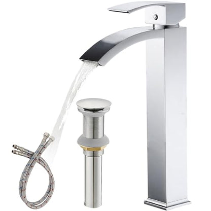 Chrome Vessel Sink Faucet, Waterfall Bathroom Faucets | Brass, Tall Spout, Single Handle 1 Hole Bathroom Faucet, Modern Basin Taps with Supply Line, Pop Up Drain, Without Overflow - color: Chrome, size: Tall