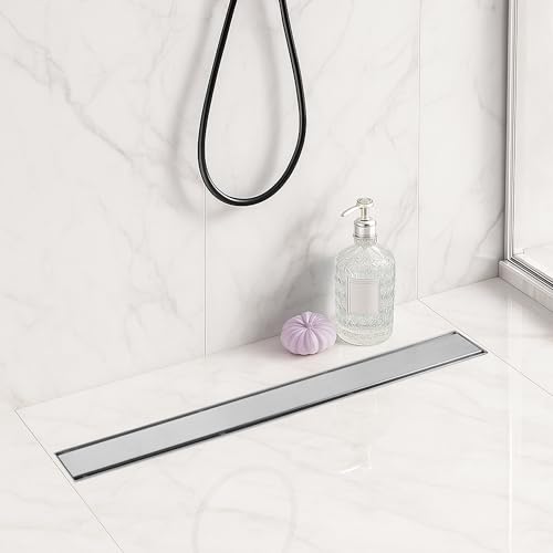 Linear Shower Drain 24 inch with 2-in-1 Flat & Tile Insert Cover - Brushed 304 Stainless Steel Shower Floor Drain - Linear Drain with Reversible Cover & Hair Catcher - Includes Cleaning Tools - color: Brushed Stainless Steel