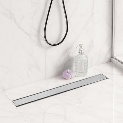 Linear Shower Drain 24 inch with 2-in-1 Flat & Tile Insert Cover - Brushed 304 Stainless Steel Shower Floor Drain - Linear Drain with Reversible Cover & Hair Catcher - Includes Cleaning Tools - color: Brushed Stainless Steel