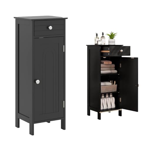 Freestanding Floor Storage Cabinet with Drawer & 2 Adjustable Shelves | Multifunctional Narrow Side Storage floor Cabinet for Bathroom,Laundry Room, Kitchen（Black） - color: Black