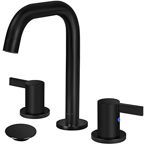 SOKA 8-16 Inch Widespread Bathroom Faucet 2 Handles Matte Black Commercial Sink Touch 3 Pieces Vanity Lavatory 360 Degree Rotating Faucet Pop Up Drain Assembly - color: Matte Black, size: 8" Gooseneck