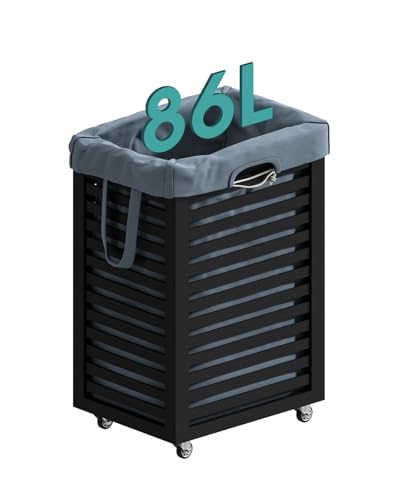 Black Laundry Hamper, Laundry Hamper with Wheels, 22.7 Gallon (86L) Bamboo Wood Clothes Laundry Basket with Handles, Removable Liner - color: Black