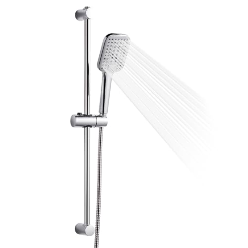 OFFO Shower Slide Bar Combo, Adjustable 27 in Slide Bar with 3-Mode Square Handheld Shower Head and 60 in Stainless Steel Hose, Screw Wall Mounted, Chrome Finish - style: Square 27" Slide Bar & 60" Hose