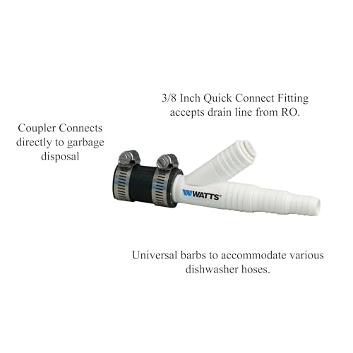 Watts Premier Universal Dishwasher / Drain Line to Garbage Disposal Adapter for Reverse Osmosis Systems, Push-In Fitting & Barb, Hose Coupler, Marine Stainless Steel Hose Clamps, No Drilling Required