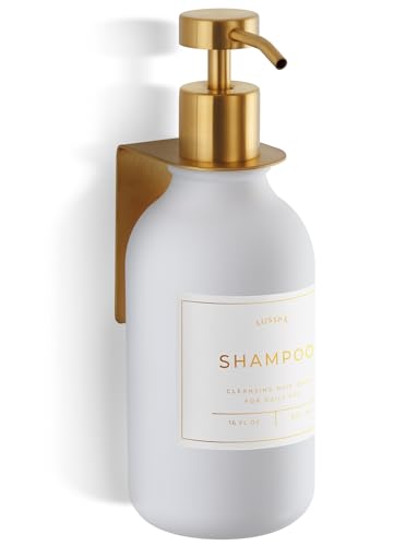 Shower Shampoo Dispenser Wall Mounted – Refillable 16.9 oz White Bottle with Stainless Steel Pump & No-Drill Adhesive Holder – Soap Dispenser for Bathroom (1 X White/Gold) - color: 1 X White/Gold