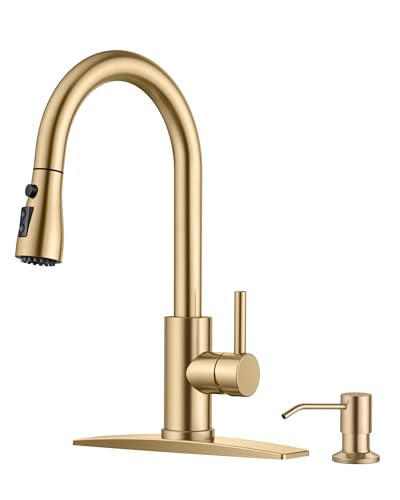 FORIOUS Kitchen Faucet with Soap Dispenser, Pull Down Sprayer, Brushed Gold | High Arc Single Handle, Lead-Free Stainless Steel, 3 mode Sprayer, Classic Bar Sink Faucet for Outdoor Rv Laundry Camper - color: Gold, style: Classic