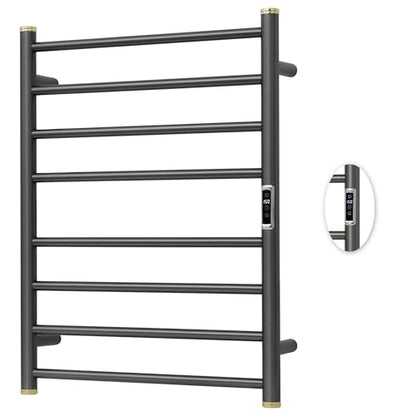 Electric Towel Warmer Rack,Heating Towel Warmer,Timer & Temperature Control,Wall-Mounted Plug-in for Bathroom,Gunmetal Grey,Stainless Steel,8-Bar(27.56x20.87x4.41in) - color: Round-matte Gungrey With Gold Top, size: 8 Bars