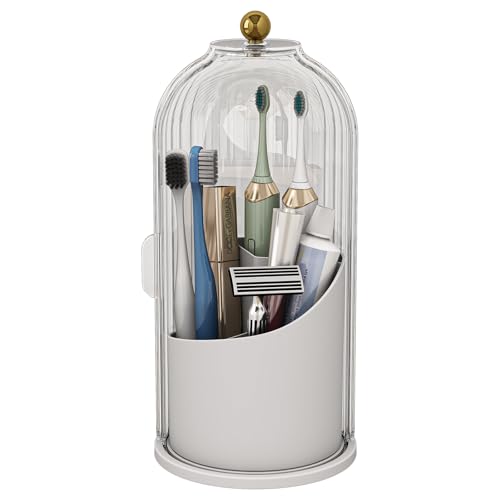 Toothbrush and Toothpaste Holders with Cover, Transparent | Waterproof and Dustproof, 360° Rotating Base, Smooth Sliding Door, 3 Slots, for Bathroom Countertop - color: Transparent