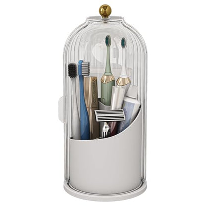 Toothbrush and Toothpaste Holders with Cover, Transparent | Waterproof and Dustproof, 360° Rotating Base, Smooth Sliding Door, 3 Slots, for Bathroom Countertop - color: Transparent