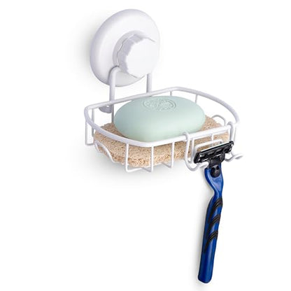 HASKO Suction Cup Soap Dish for Shower Wall, Rustproof Stainless Steel, Shower Soap Holder with Hooks for Bathroom, Includes Optional No Drill Adhesive Mount and Soap Saver, White - color: White