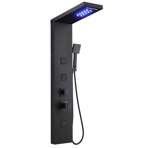 5-in-1 LED Shower Panel Tower System Stainless Steel Matte Black | Rainfall + waterfall heads | Body jets | Handheld shower | Tub spout | LED lights | Wall mount - color: Matte Black