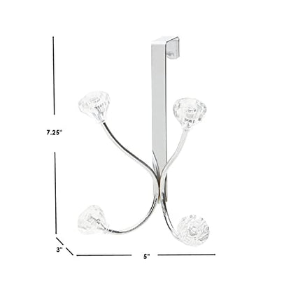Home Basics Over the Door Double Towel Crystal Hooks, For Hanging Clothes, Coats, Robes or Towels, Organize Bathroom, Bedroom and Closet, Chrome 5" x 3" x 7.25 | Steel Door Hook Rack with Double Hanging Hooks & Crystal Accents - Ideal for Towels, Bags, Co