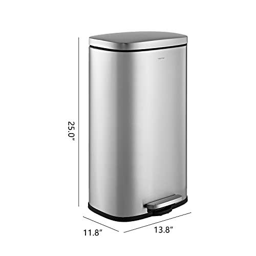 happimess Curtis 8 Gal Step Trash Can Soft Close 25", Platinum Silver | Stainless Steel, Fingerprint Resistant Satin Finish, Removable Liner, Steel Pedal, 20 Trash Bags Included, Kitchen Bin - color: Chrome