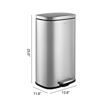 happimess Curtis 8 Gal Step Trash Can Soft Close 25", Platinum Silver | Stainless Steel, Fingerprint Resistant Satin Finish, Removable Liner, Steel Pedal, 20 Trash Bags Included, Kitchen Bin - color: Chrome