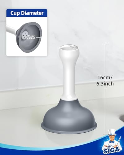 MR.SIGA Mini Drain Plunger, Sink Drain Plunger with Strong Suction | Compact design, powerful small plunger for bathroom and kitchen sinks, tubs, shower drains, 6.3inch/16cm tall, white & gray