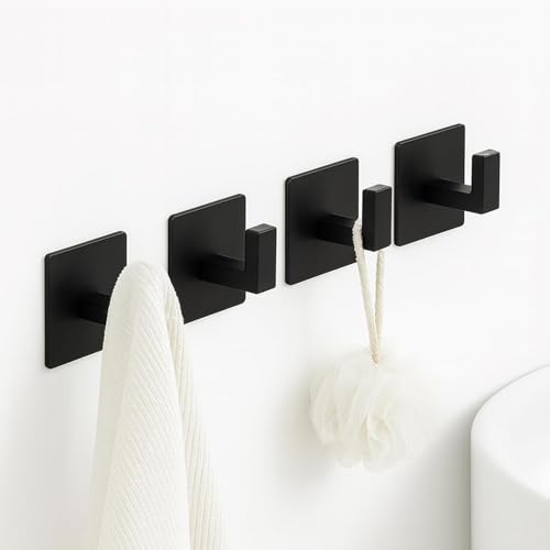 Towel Hooks Adhesive No Drill, 2 Pack Matte Black Metal Hooks, Right Angle Design for Bathroom, Kitchen, Cabinet, Door, Holds Robes, Hats, Coats, Organizer for Smooth Surfaces