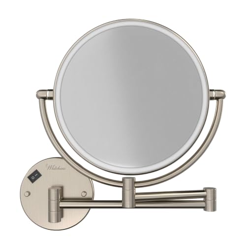 Whitehaus Wall-Mounted LED Magnifying Mirror – 8” Dual-Sided Mirror with 7X Zoom, Extendable Arm, Touch-Activated Light, Brushed Nickel - color: Brushed Nickel