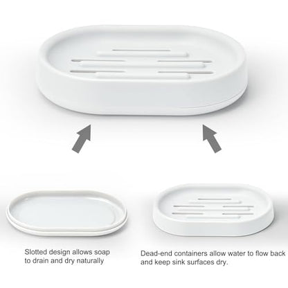 Topsky 2 Pack Soap Dish for Shower, Sink, Bathtub, Oval Plastic White Soap Bar Holder with Drain, Easy to Clean, Durable - color: White.