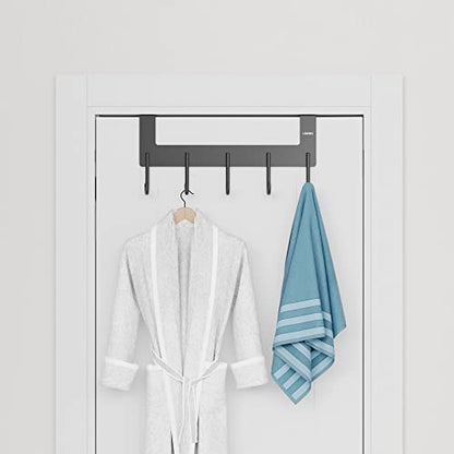 Over Door Hanger, Metal Over The Door Hook Rack with 5 Hooks, Towel Rails for Hanging Towel Robe Coat Bathroom Bedroom Grey - color: Gray