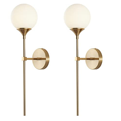 KCO MCM Brushed Gold Frosted White Milk Glass Globe Wall Sconces Set of 2 | Reversible Up/Down Mount, Long Vertical Rod, Brass Hardwired E26 Wall Light Fixture for Bedroom Bathroom Hallway Stairwell - color: White
