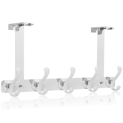 Over The Door Hooks for Hanging，Over The Door Hanger，Heavy Duty Stainless Steel Door Towel Rack with 5 Double Hooks for Hanging Towels, Coats, Robes, Hats (White) - color: White
