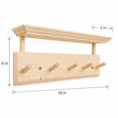 Matías Coat Rack Wall Mount with Shelf, 18 Inch Solid Wood Peg Rail, Wall Mounted Coat Rack with 5 Hooks, Wall Mount Shelf for Entryway, Bathroom or Bedroom (Natural Wood) - color: natural wood