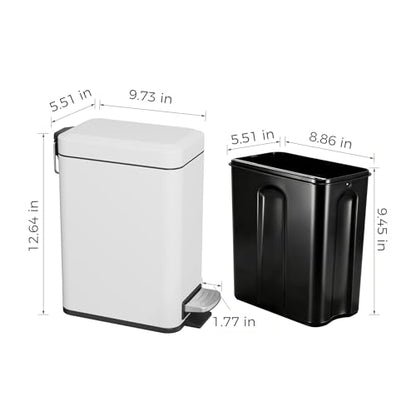 Sineng Bathroom Trash Can with Lid Soft Close, 1.6 Gallon Stainless Steel Small Pedal Garbage Can with Removable Inner Bucket, Waste Bin for Kitchen Bedroom, Compact Toilet Trash Bin, White - color: white