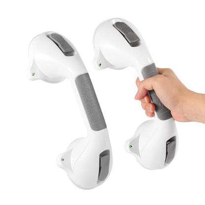 Suction Grab Bar with Safety Indicator for Bathtub Shower Bathroom, Heavy Duty Handrail Removable Reusable for Elderly Disabled and Kids, Anti-Slip Grip, No Drilling Tool Free, Waterproof Grey - size: 12'' 2 Pack