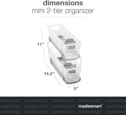 madesmart Compact Two Tier Organizer, Frost | pull out bins, adjustable dividers, tiered access, cleaning supplies, under sink use, pantry bottles, woman owned