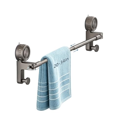 Adjustable Suction Cup Towel Bar, Grey, 20-34", 1-Tier | Extendable Carbon Steel Towel Racks, Space Saving, Bath Towel Holder with Hooks, No-Drill Mounted, For Bathroom Wall