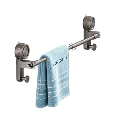 Adjustable Suction Cup Towel Bar, Grey, 20-34", 1-Tier | Extendable Carbon Steel Towel Racks, Space Saving, Bath Towel Holder with Hooks, No-Drill Mounted, For Bathroom Wall