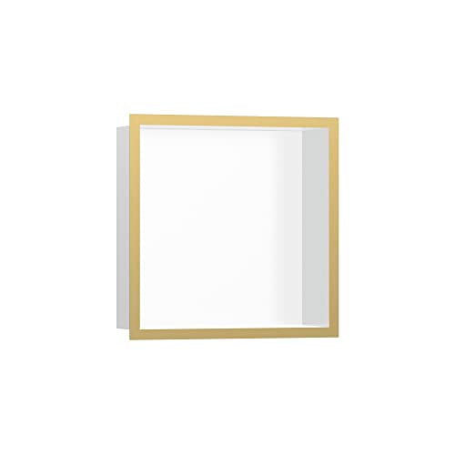 hansgrohe XtraStoris Individual Recessed Wall Niche Matte White with Design Frame 12"x 12"x 4" in Polished Gold Optic, 56099990 - color: Polished Gold Optic