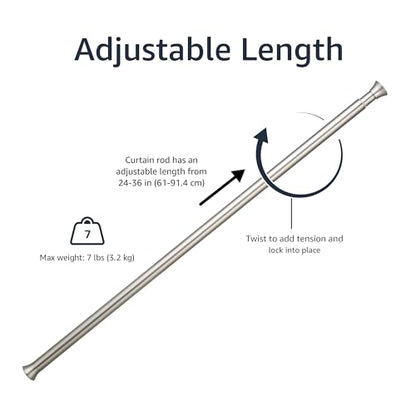 Amazon Basics Easy to Install Spring Tension Curtain Rod, No Drill, Adjustable 24-36" Width, Nickel, Classic Finial, 7 Pound Weight Capacity - color: Nickel, size: 24-36"