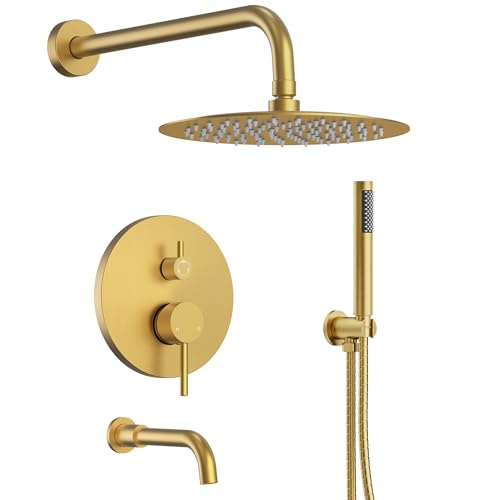 10" High-Pressure Rainfall Shower System with Handheld Spray, Wall Mount Bathroom Shower Faucet Set with Tub Spout, Brushed Gold (Valve Included) - color: Brushed Gold, style: With Tub Spout
