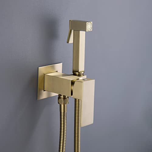 Handheld Bidet Sprayer Head Warm Water Mixing Kit Brushed Gold Brass | Square Bidet Hand Held Sprayer Shattaf Bathroom Attachment for Toilet with Concealed Hot and Cold Mixing Valve - color: Brushed Gold