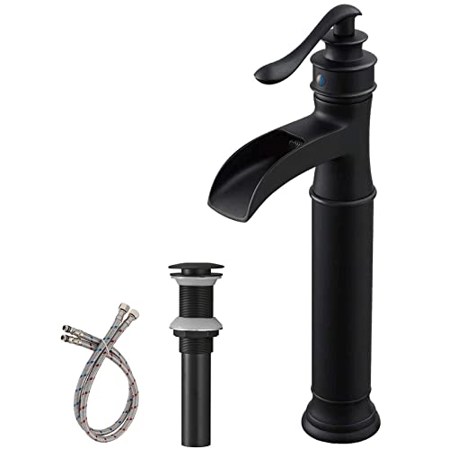 BWE Vessel Sink Faucet Waterfall Matte Black Bathroom Faucets Single Hole | Tall Sink Faucet Bathroom One Handle Vanity Bath Mixer Tap with Pop Up Drain Without Overflow and Supply Lines - color: Black
