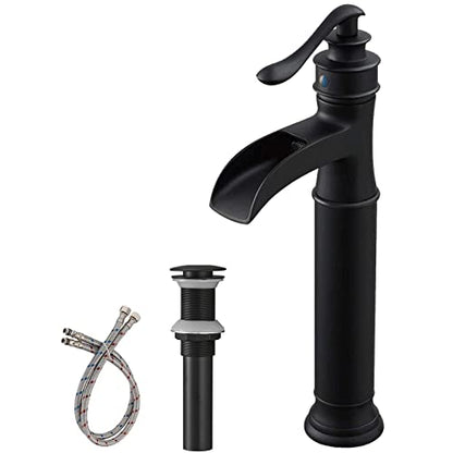 BWE Vessel Sink Faucet Waterfall Matte Black Bathroom Faucets Single Hole | Tall Sink Faucet Bathroom One Handle Vanity Bath Mixer Tap with Pop Up Drain Without Overflow and Supply Lines - color: Black