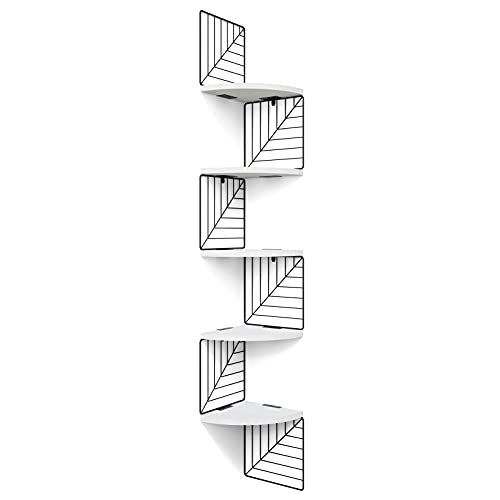 Love-KANKEI Corner Wall Shelf 5 Tier,Solid Wood/Metal Bracket,51"Tall,White | Easy to Install,Leaf-Shaped Floating Wall Shelves,Capacity 44 Lbs,For Bedroom Living Room Bathroom Kitchen Office,Display - color: White