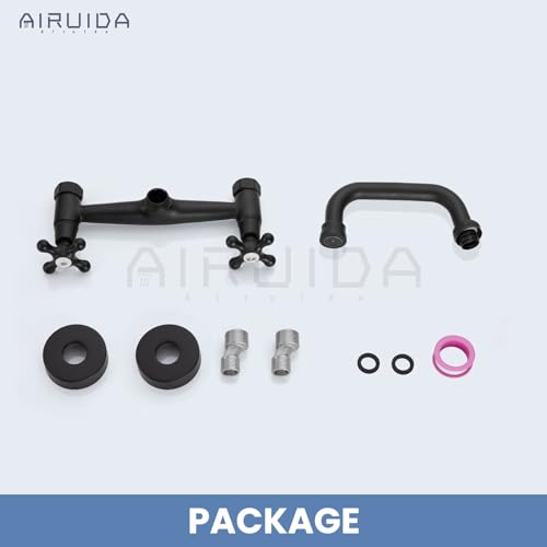 Airuida 8 Inch Center Matte Black Wall Mount Kitchen Sink Faucet | Double Cross Handle,Adjustable Center,6 Inch(15cm) Spout - color: Matte Black