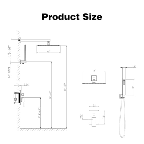ESNBIA Black Shower Faucet Set, 12 Inches Rainfall Shower System with Rain Shower Head and Handle Set, All Metal Shower Fixtures with Pressure Balance Shower Valve, Matte Black - color: Matte Black, style: 12 Inches