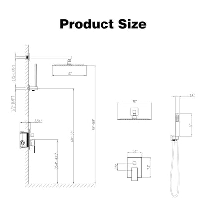 ESNBIA Black Shower Faucet Set, 12 Inches Rainfall Shower System with Rain Shower Head and Handle Set, All Metal Shower Fixtures with Pressure Balance Shower Valve, Matte Black - color: Matte Black, style: 12 Inches