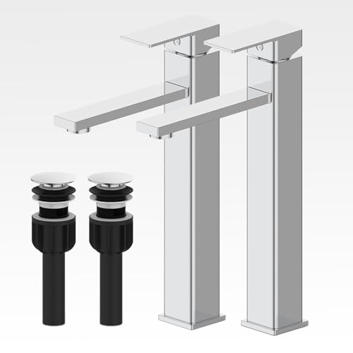Bathroom Sink Faucet(2 Sets),Single Handle Bathroom Faucets with Pop-up Drain and 2 Supply Hoses,Chrome Single Hole Tall Barrel Vanity Faucet,304 Stainless Steel for Sink - color: 3.Chrome Polished, style: Tall*2